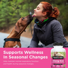 Nutri-Vet Allerg-Eze jar beside a dog bowl, ready for daily allergy support.