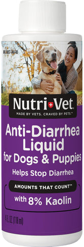 Nutri-Vet Anti-Diarrhea Liquid bottle pouring for quick digestive support in dogs.