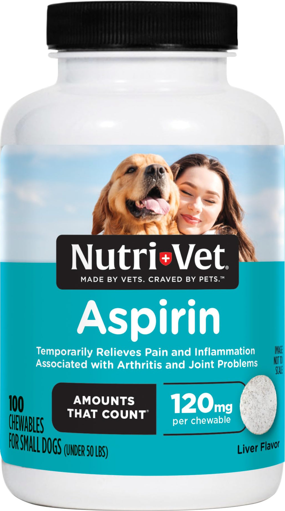 Nutri-Vet Aspirin for Dogs packaging shows a 100-count bottle for small breeds and convenience.