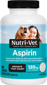 Nutri-Vet Aspirin for Dogs packaging shows a 100-count bottle for small breeds and convenience.