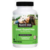 Nutri-Vet Grass Guard bottle front shows USA-made chewables for lawn protection and gut support.