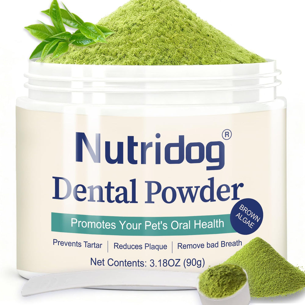 Nutridog dental powder bottle highlights probiotic tartar reduction support