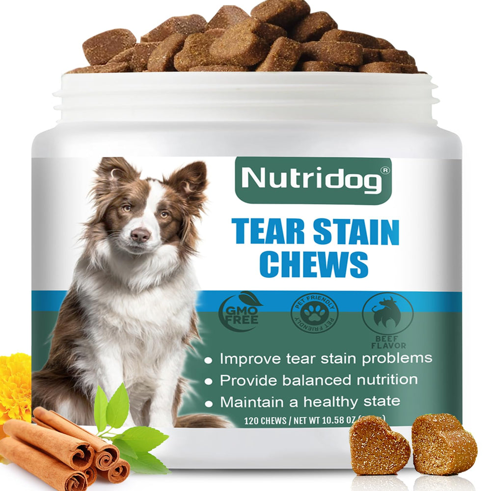 Nutridog Tear Stain Chews packaging with beef flavor for easy dosing.
