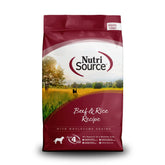 NutriSource Beef and Rice dry dog food bag front view for balanced daily nutrition