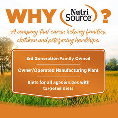 NutriSource dry dog food close-up shows lamb meal kibble texture.