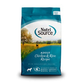 NutriSource alimento para perro adulto con pollo y arroz en bolsa, fácil de almacenar y usar.