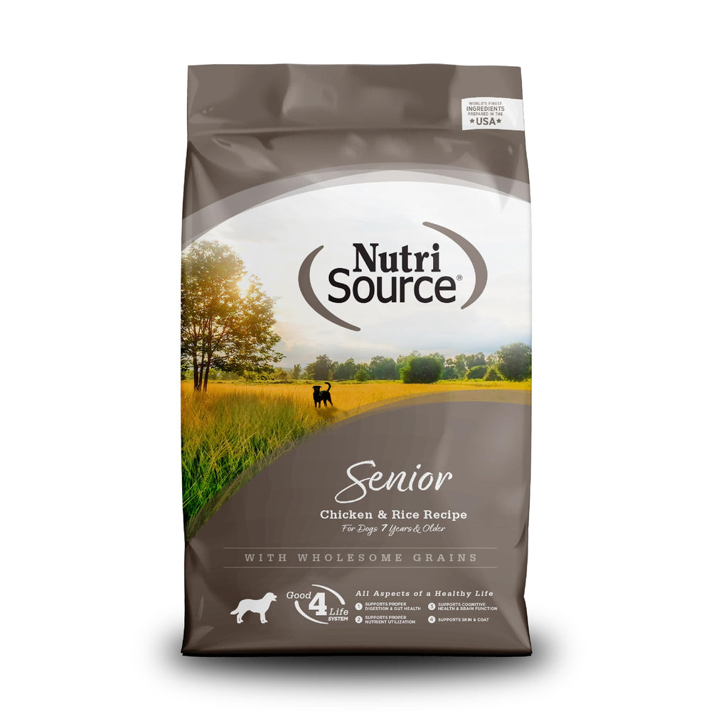 NutriSource senior dog food chicken and rice 4lb bag highlights compact nutrition for aging dogs' needs.