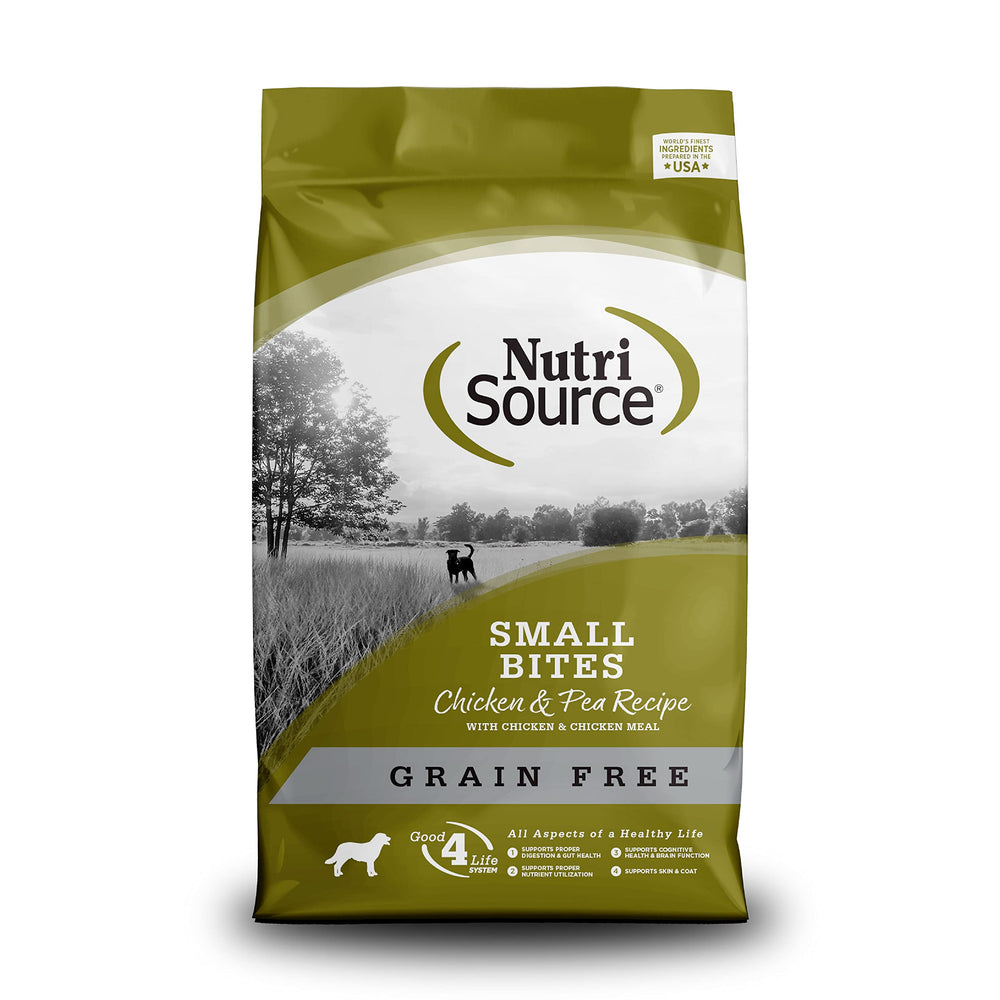 NutriSource Small Bites Chicken & Peas bag, grain-free dry dog food for small dogs.