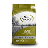 NutriSource Small Bites Chicken & Peas bag, grain-free dry dog food for small dogs.