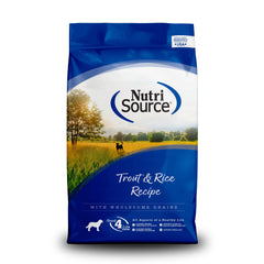 NutriSource Trout and Rice dry dog food bag front highlighting all-life-stages nutrition.
