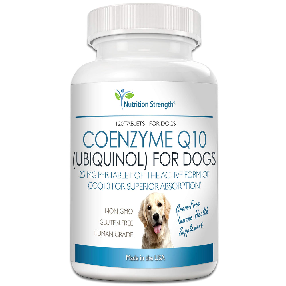 Nutrition Strength CoQ10 for Dogs bottle open shows easy-to-feed chewables supporting heart health.