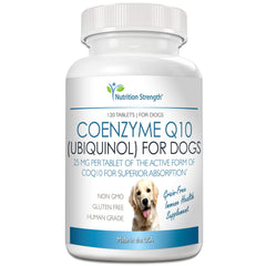 Nutrition Strength CoQ10 for Dogs bottle open shows easy-to-feed chewables supporting heart health.