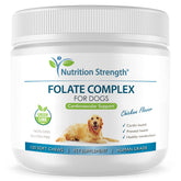Nutrition Strength Folate for Dogs bottle label showing cardiovascular support chews