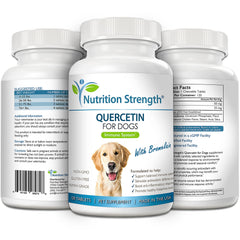 Nutrition Strength quercetin for dogs with bromelain bottle on counter signals premium USA-made supplement.