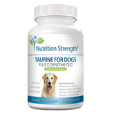 Nutrition Strength Taurine for Dogs bottle pouring demonstrates heart-supporting supplementation.