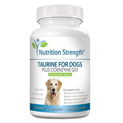 Nutrition Strength Taurine for Dogs bottle pouring demonstrates heart-supporting supplementation.
