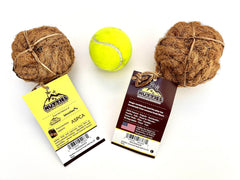 Nutties dog-cat chewing ball demonstrates safe natural play with coconut fibers.