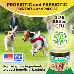 NUVIMI Probiotics for Dogs bottle with dosage spoon shows easy daily dosing for pups.