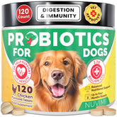 NUVIMI Probiotics for Dogs bottle front highlights gut health support for pets.