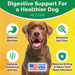 NUVIMI Probiotics for Dogs chicken-flavor tablets shown with treats for easy administration.