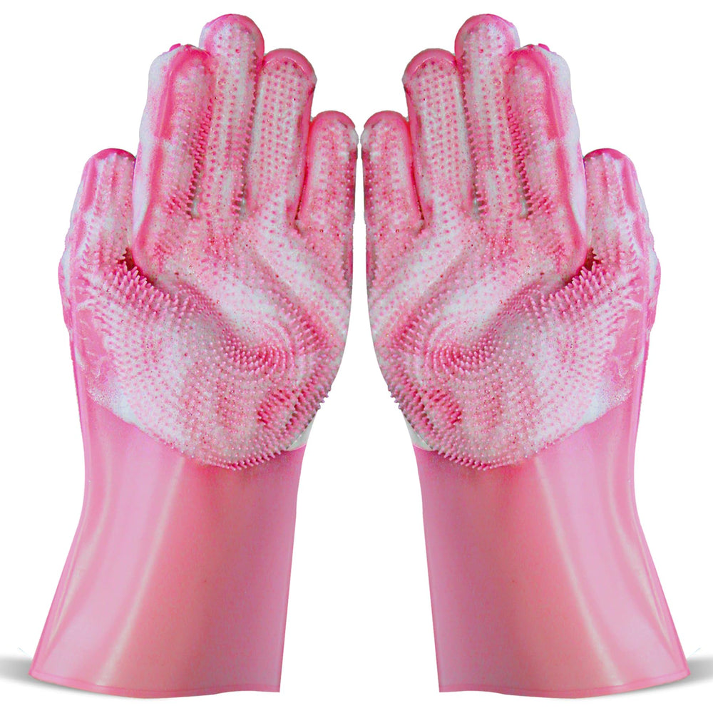 NVNAN dog shampoo brush pink glove on hand for gentle coat cleansing and massage.