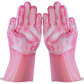 NVNAN dog shampoo brush pink glove on hand for gentle coat cleansing and massage.