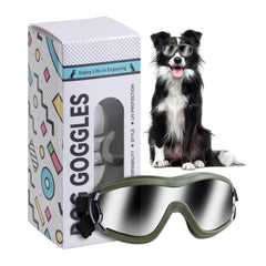 NVTED dog sunglasses with green frame closeup show the soft rubber comfort.