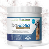 NWC Naturals Total-Biotics bottle label highlighting 14 probiotic strains and USA-made quality.
