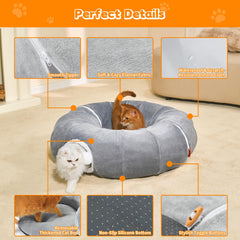 Nxwjoy cat tunnel bed with bouncy plush ball supports interactive hunting and activity.