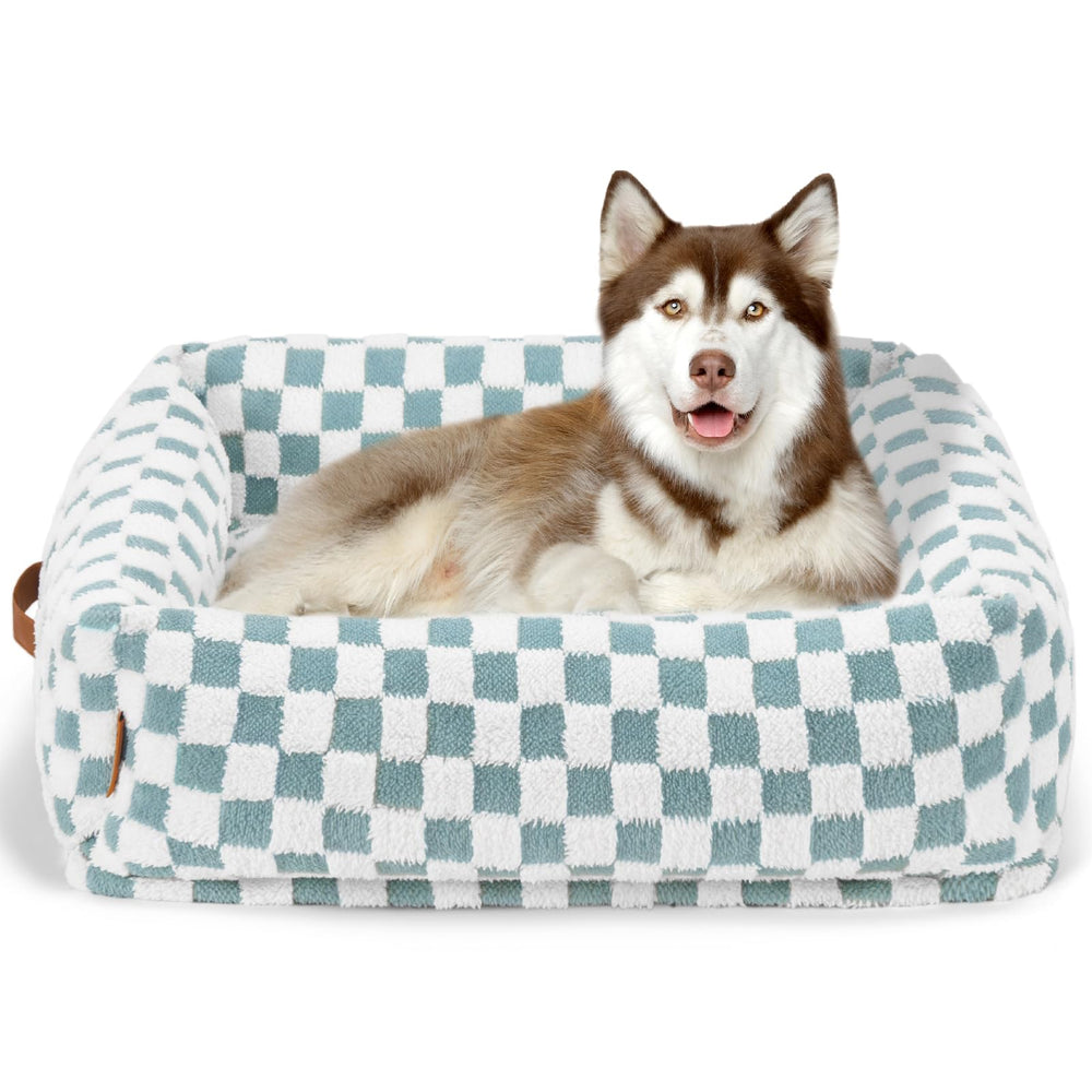 Nxwjoy orthopedic dog bed front view in blue grid shows sturdy support for joints