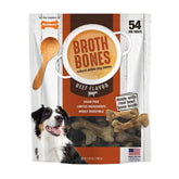 Nylabone Beef Broth Bones packaging highlights grain-free chews with real beef broth.