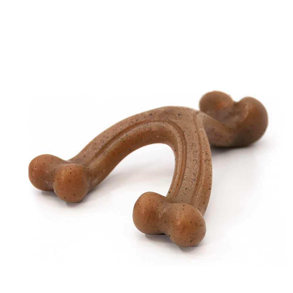 Nylabone Gourmet Style Wishbone Bacon Flavor toy engages dogs with savory chew.