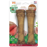 Nylabone Healthy Edibles roast-beef-chew packaging highlights USA-made quality and durable chew options.