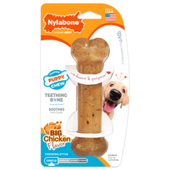 Nylabone Puppy Chew Teething Bone packaging highlights a safe teething solution.