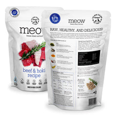 Nz Natural Pet Food Co Meow freeze-dried beef-hoki serving boosts palatability and protein.