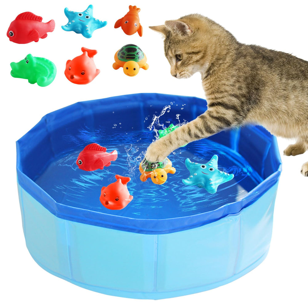 Obfuscate cat pool toy 6pc blue set packaging demonstrates durable, portable play for bored indoor cats.