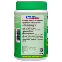 Ocean Nutrition Formula Two slow-sinking pellets shown in action for reduced waste and steady feeding.