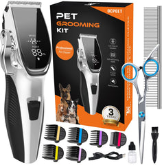 OCPEET dog grooming kit front view with low-noise motor for calmer sessions.