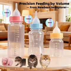 OCTKITE puppy kitten nursing bottle image highlights three bottle sizes for versatile feeding