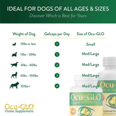 Ocu-GLO dog vision capsules close-up; highlights antioxidants and ingredients.