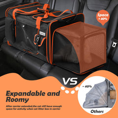 Odoland expandable cat carrier showing security buckles and locking zippers for safe car travel.