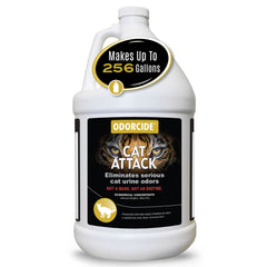 Odorcide Cat Attack concentrate bottle for carpets demonstrates professional-grade odor removal.