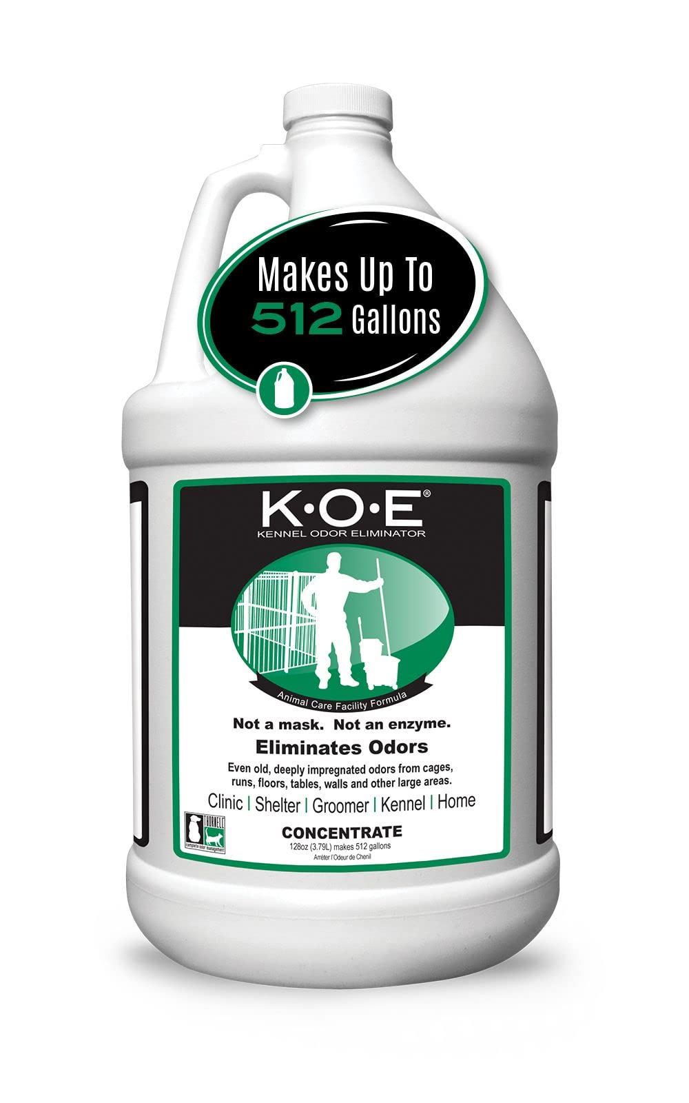 Odorcide K.O.E. kennel odor eliminator concentrate bottle removes odors at the source in large spaces.