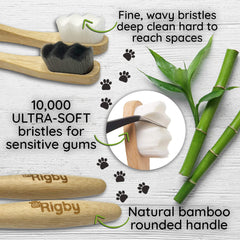 OH RIGBY toothbrush shows biodegradable handle for eco-friendly pet care.