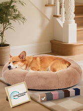 OhGeni Calming Donut Bed camel front view shows cozy plush exterior.