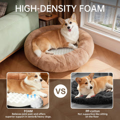 OhGeni Calming Donut Bed camel plush fur close-up shows ultra-soft short pile.
