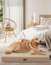 OhGeni Orthopedic Dog Bed 41in Khaki front view with non-slip bottom for crate stability.