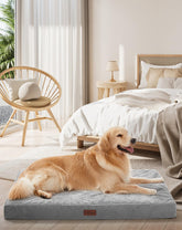 OhGeni orthopedic dog bed 44in gray top view highlighting roomy lounging space.