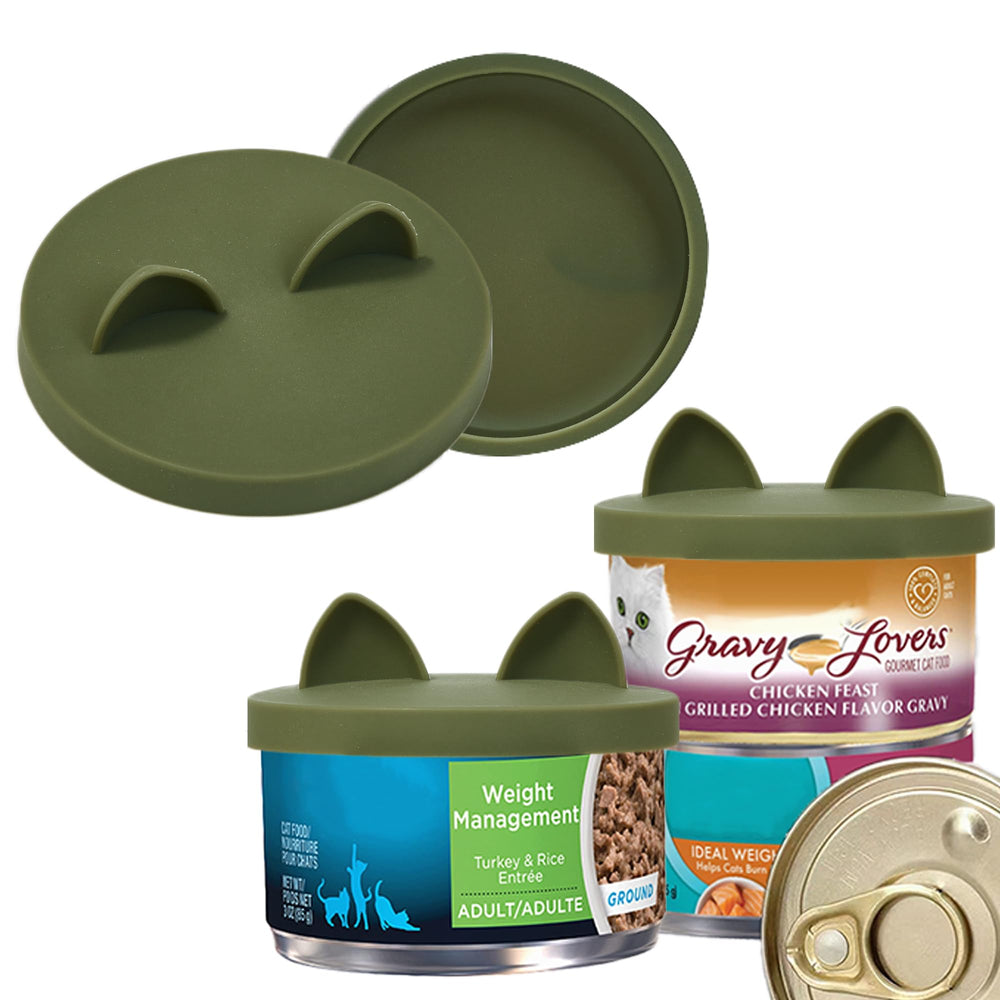 OHMO 2Pack cat food lids camo green closeup—reusable silicone lids for small cans