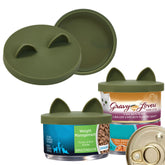 OHMO 2Pack cat food lids camo green closeup—reusable silicone lids for small cans